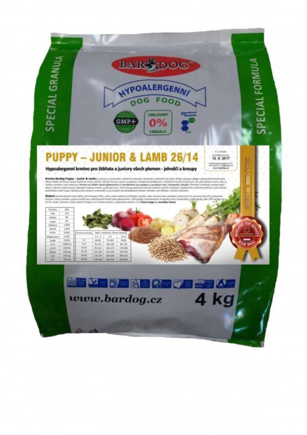 Bardog Hypoalergenní granule Puppy Junior Lamb 26/14 4 kg
